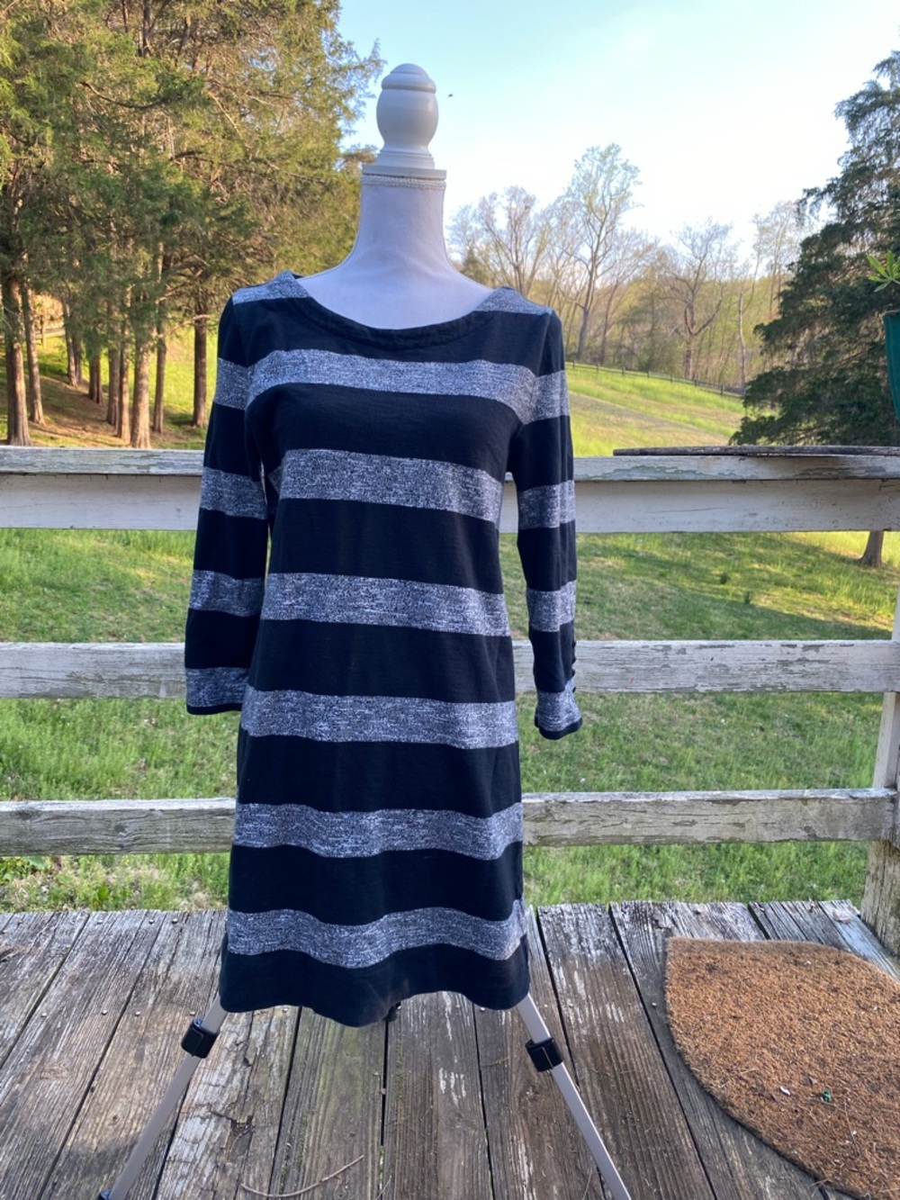 J. Crew Black and Gray Striped Long Sleeve Knit Dress